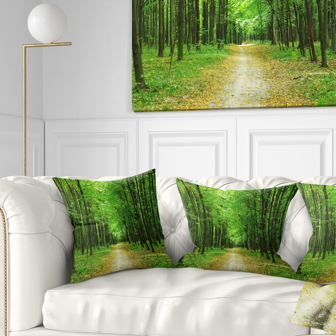 Designart Pathway in Green Forest - Landscape Photography Throw Pillow - 16x16