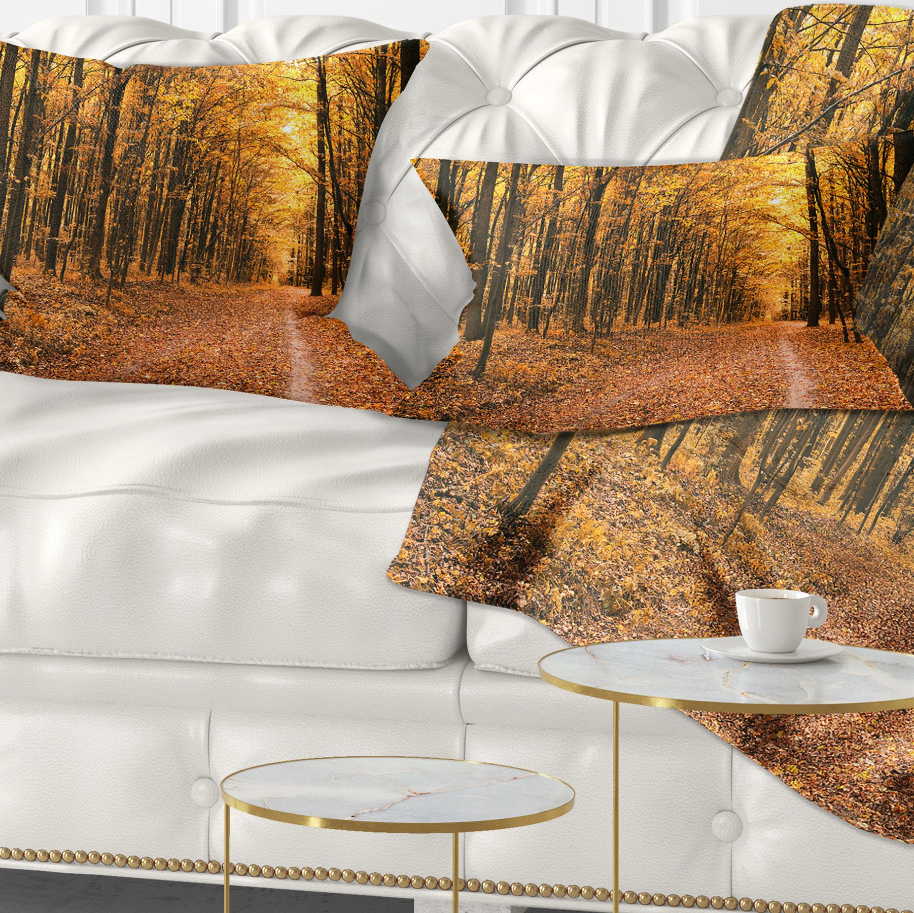 Designart Pathway in Yellow Autumn Forest - Forest Throw Pillow - 12x20