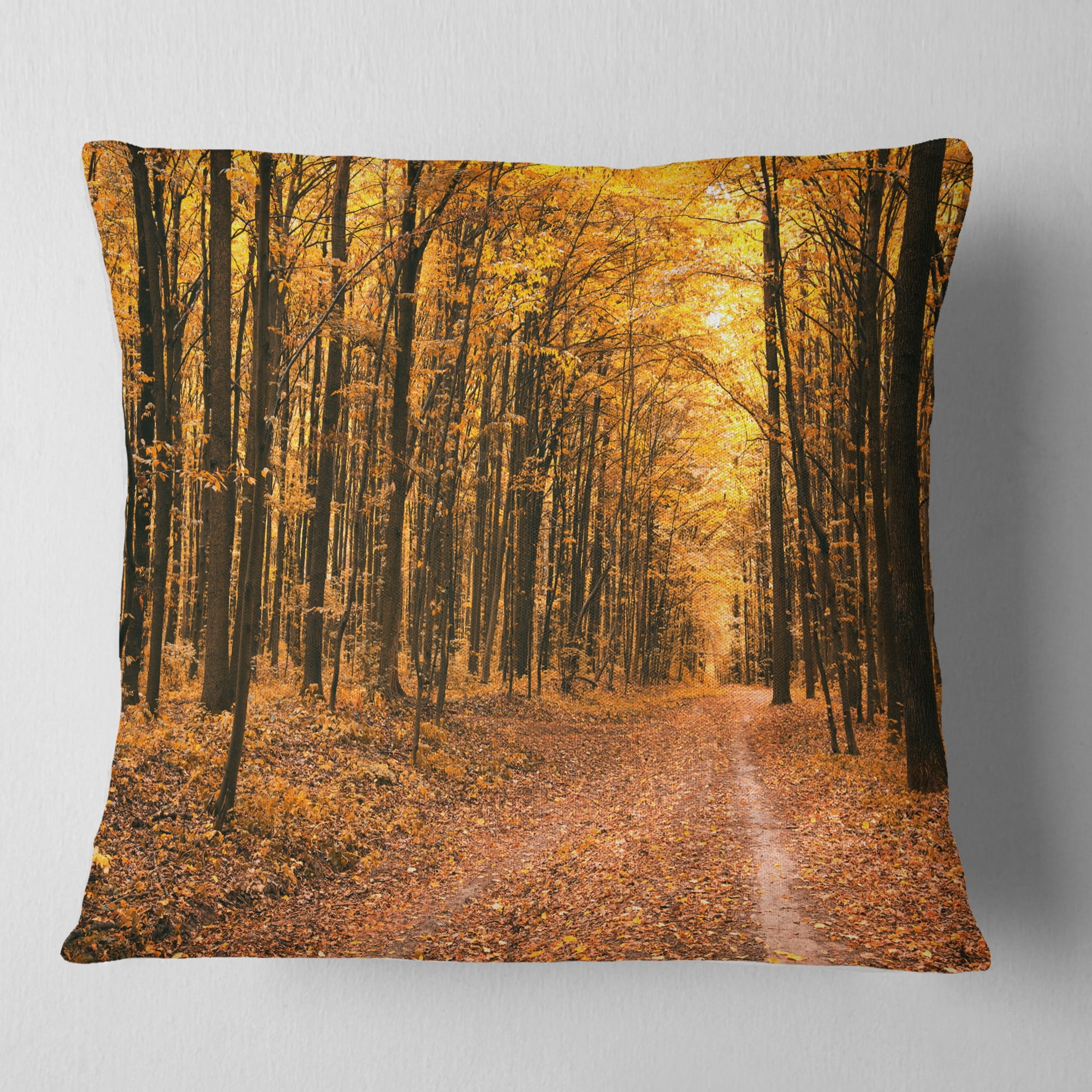 Designart Pathway in Yellow Autumn Forest - Forest Throw Pillow - 16x16