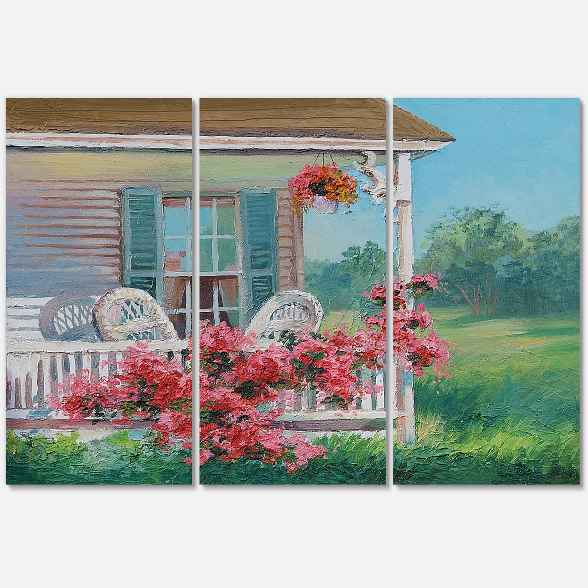 Designart ' Patio & Blossiming Red Flowers With Wooden House ' Traditional Canvas Wall Art Print