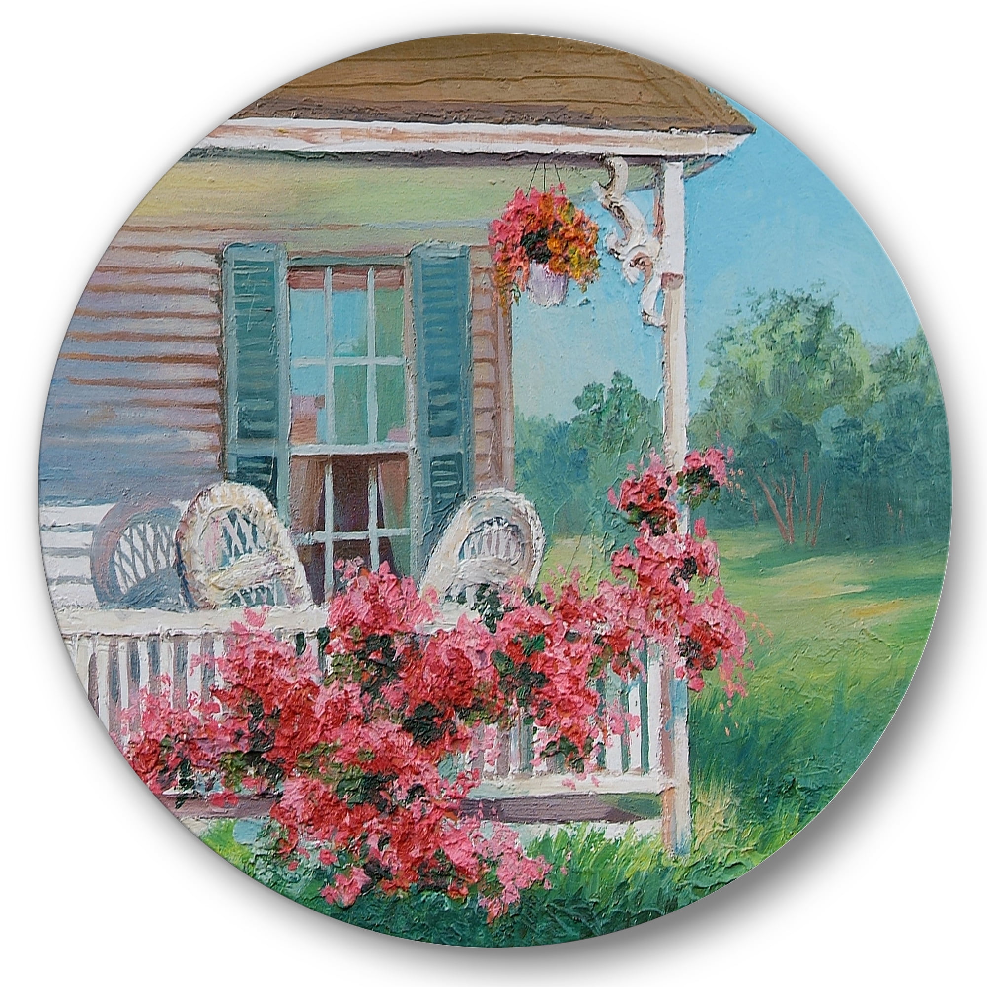 Designart 'Patio & Blossiming Red Flowers With Wooden House' Traditional Circle Metal Wall Art 11x11 - Disc of 11