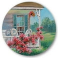 thumbnail image 1 of Designart 'Patio & Blossiming Red Flowers With Wooden House' Traditional Circle Metal Wall Art 36x36 - Disc of 36, 1 of 5