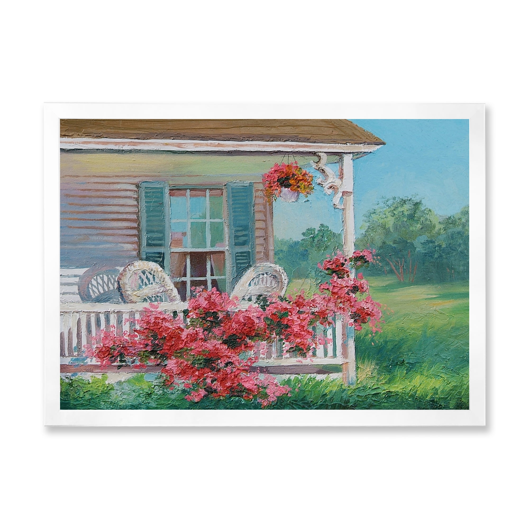 Designart 'Patio & Blossiming Red Flowers With Wooden House' Traditional Framed Art Print