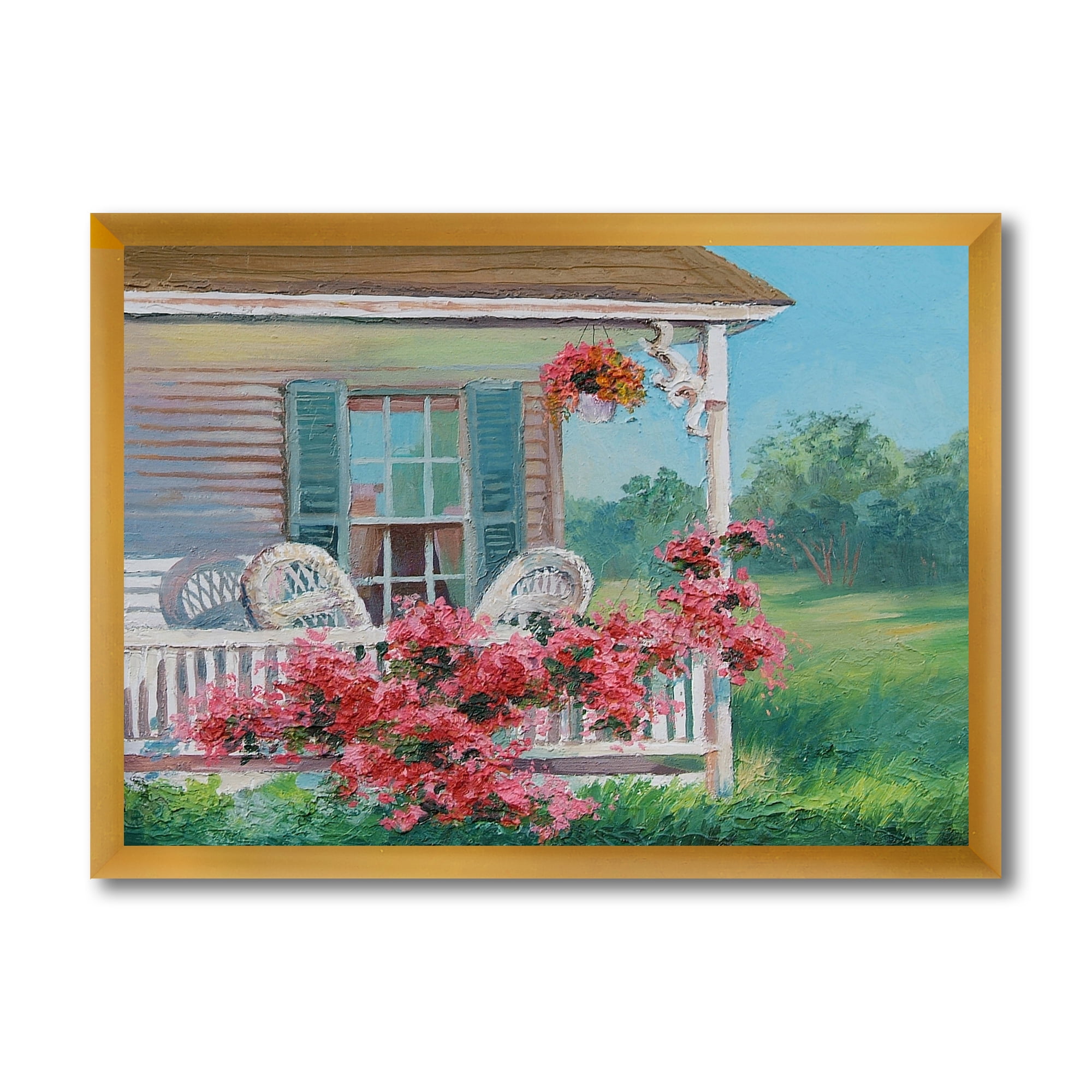 Designart 'Patio & Blossiming Red Flowers With Wooden House' Traditional Framed Art Print