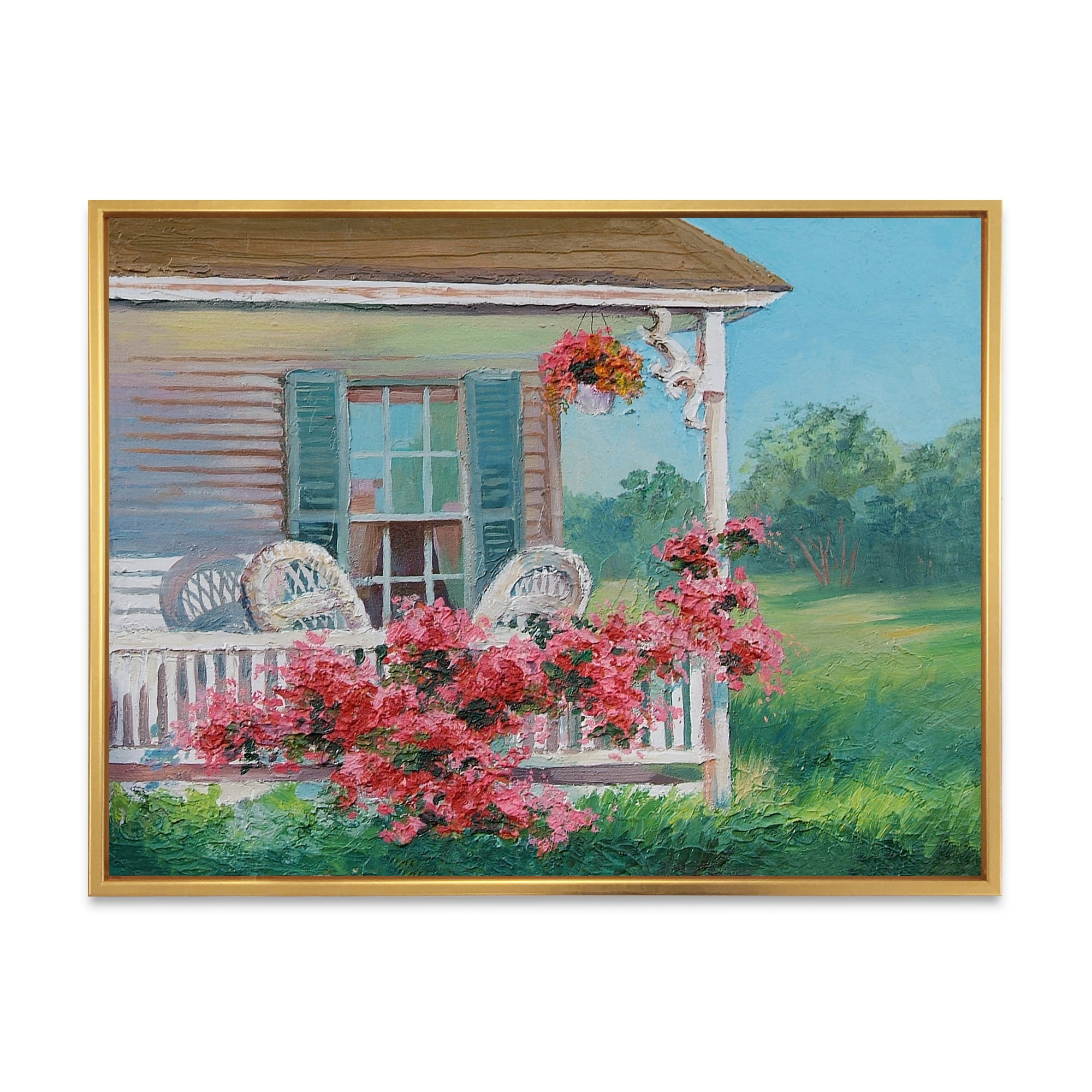 Designart 'Patio & Blossiming Red Flowers With Wooden House' Traditional Framed Canvas Wall Art Print