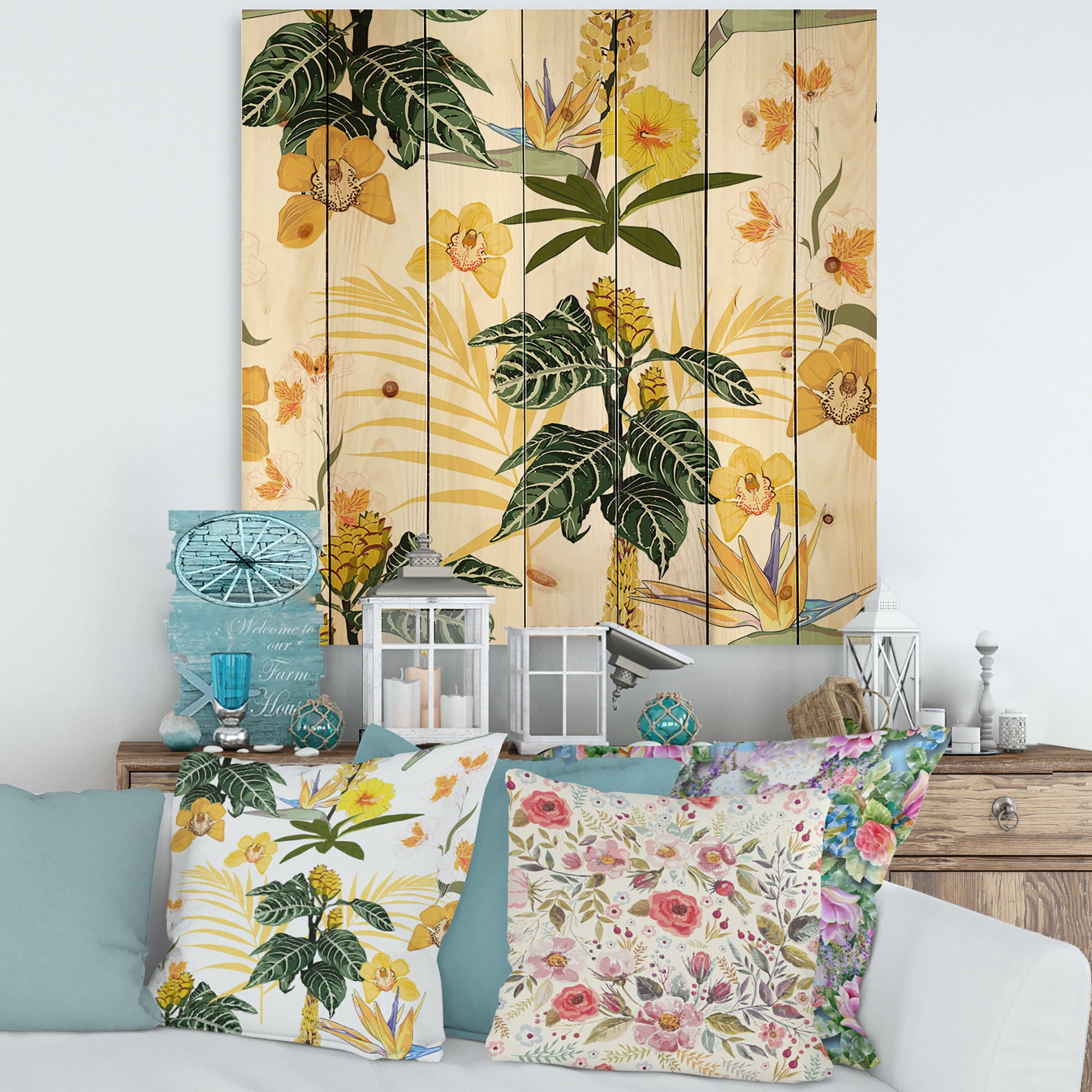 Designart 'Pattern Of Beautiful Yellow Flowers ' Modern Print on Natural Pine Wood