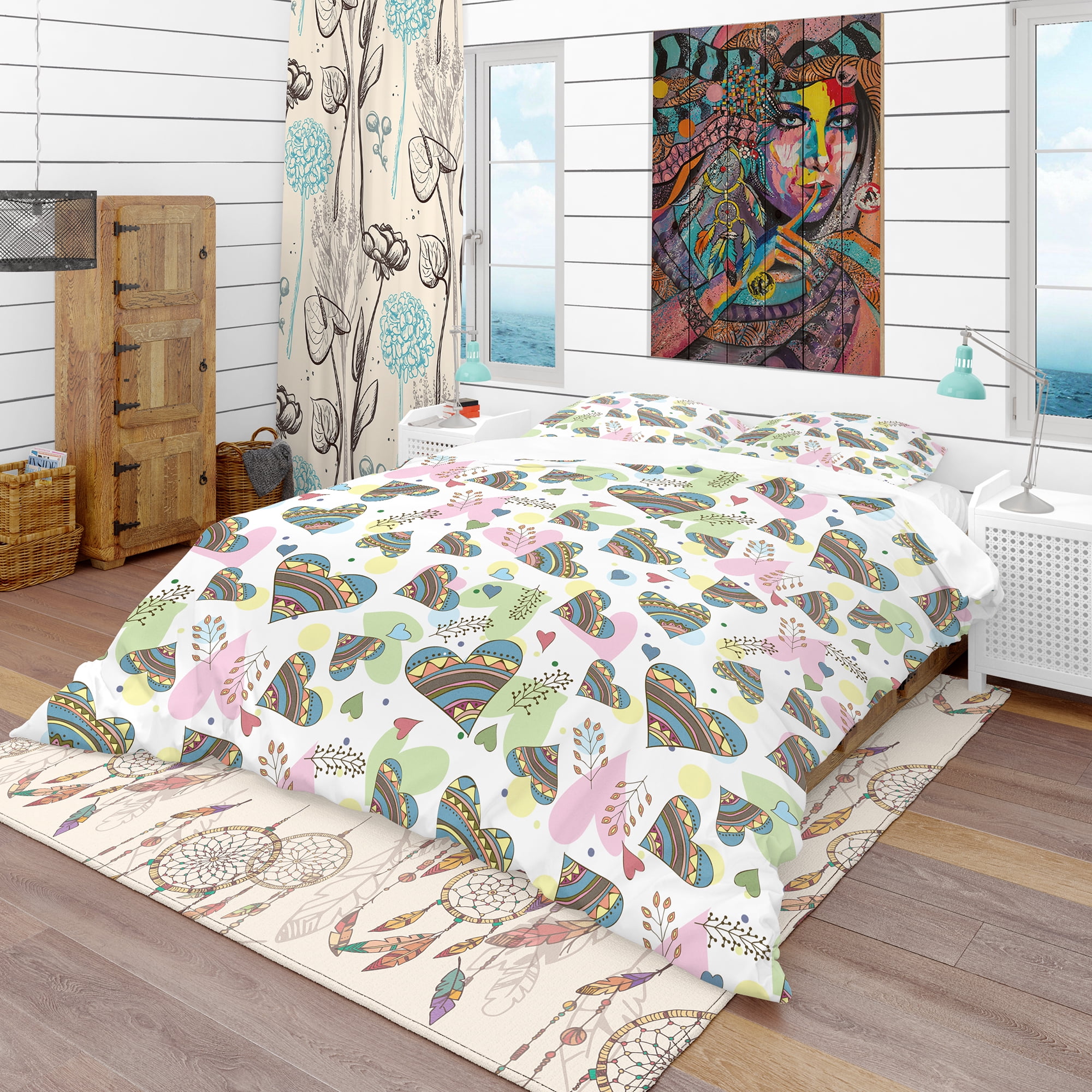 Designart 'Pattern of Drawing Doodle Hearts' Modern & Contemporary Duvet Cover Set