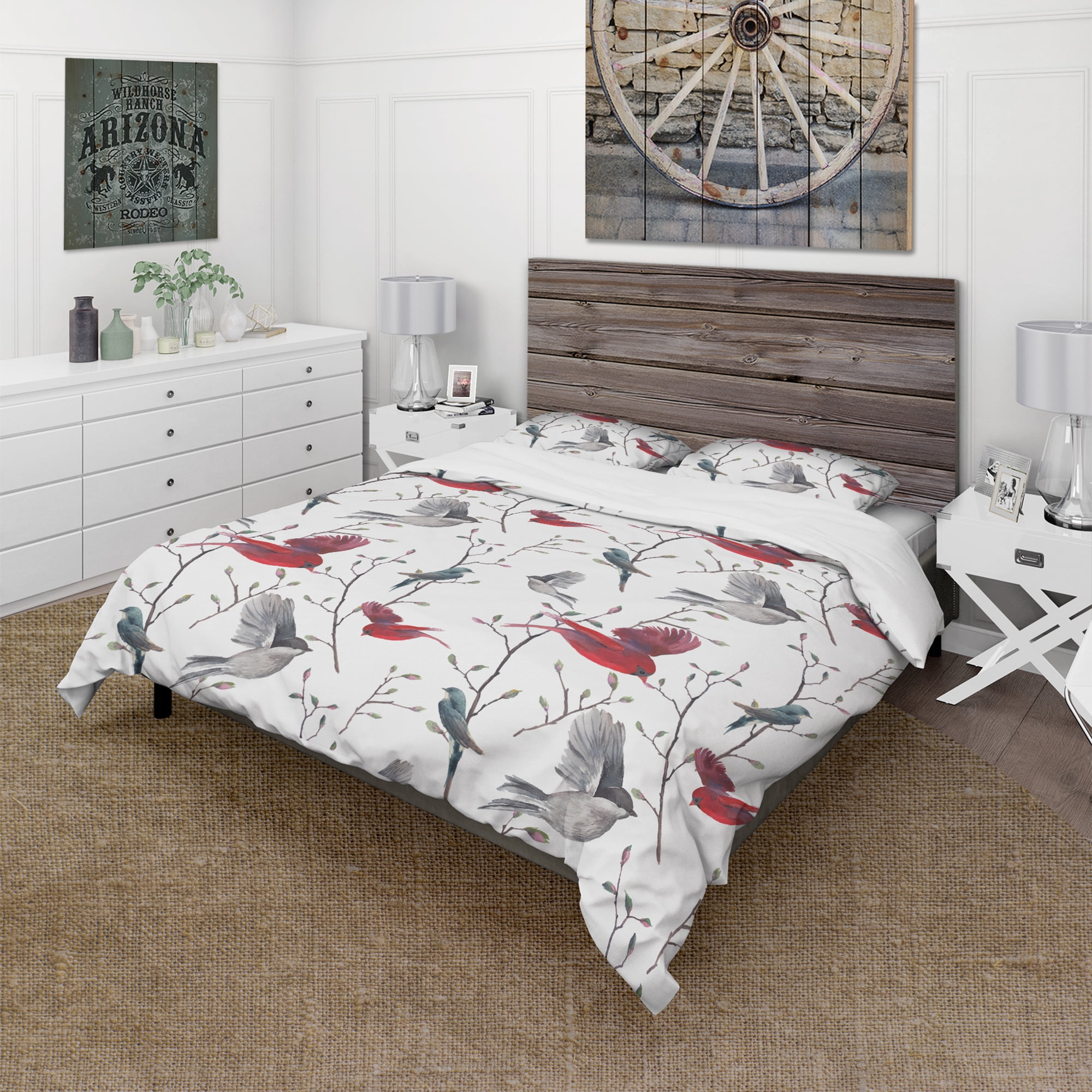 Designart 'Pattern with Birds' Farmhouse Duvet Cover Set