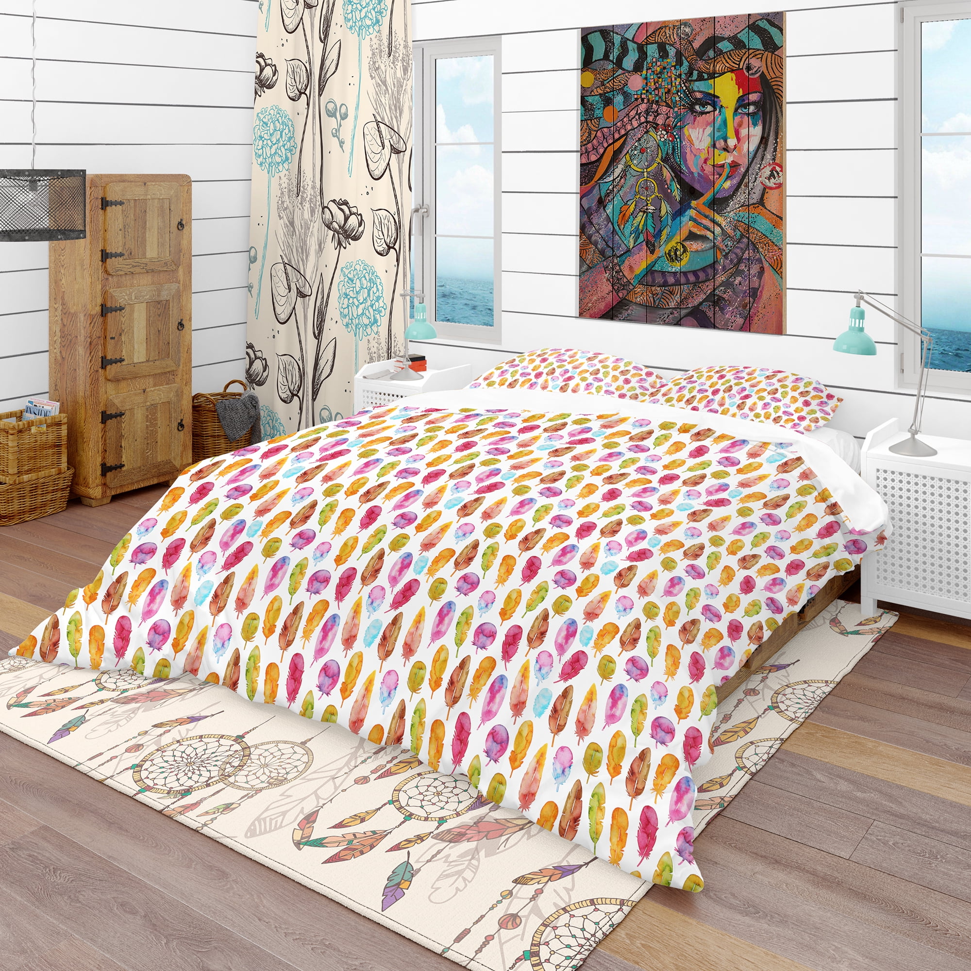 Designart 'Pattern with Colorful Feathers' Southwestern Duvet Cover Set