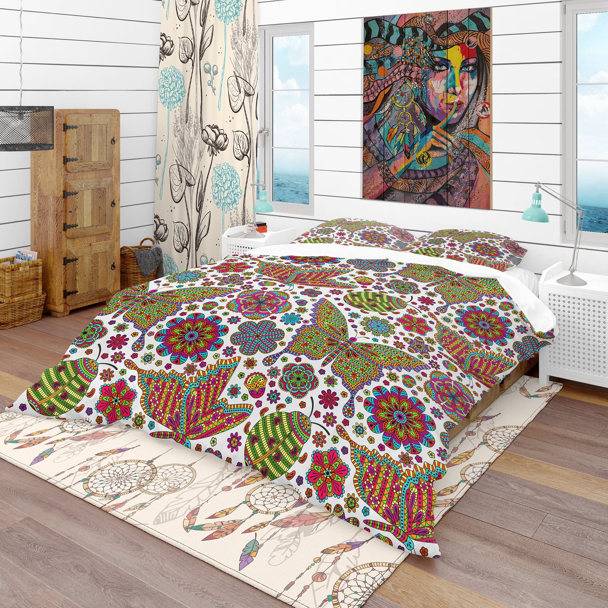 Designart 'Pattern with Flowers & Butterflies' Modern & Contemporary Duvet Cover Set