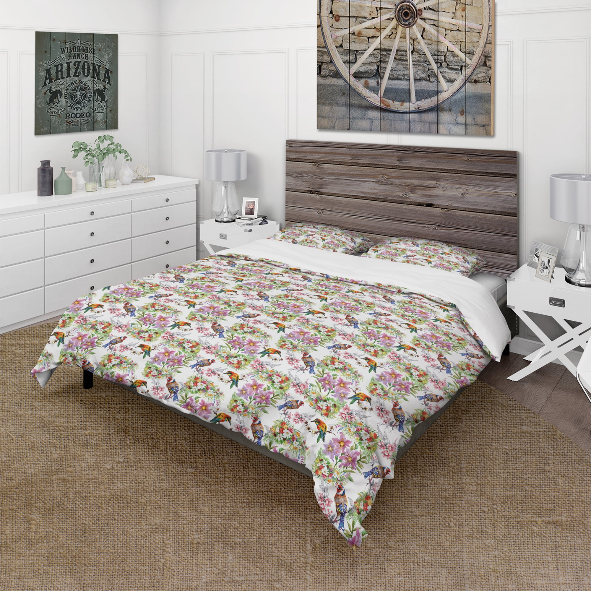 Designart 'Pattern with Flowers and Birds' Cabin & Lodge Duvet Cover Set