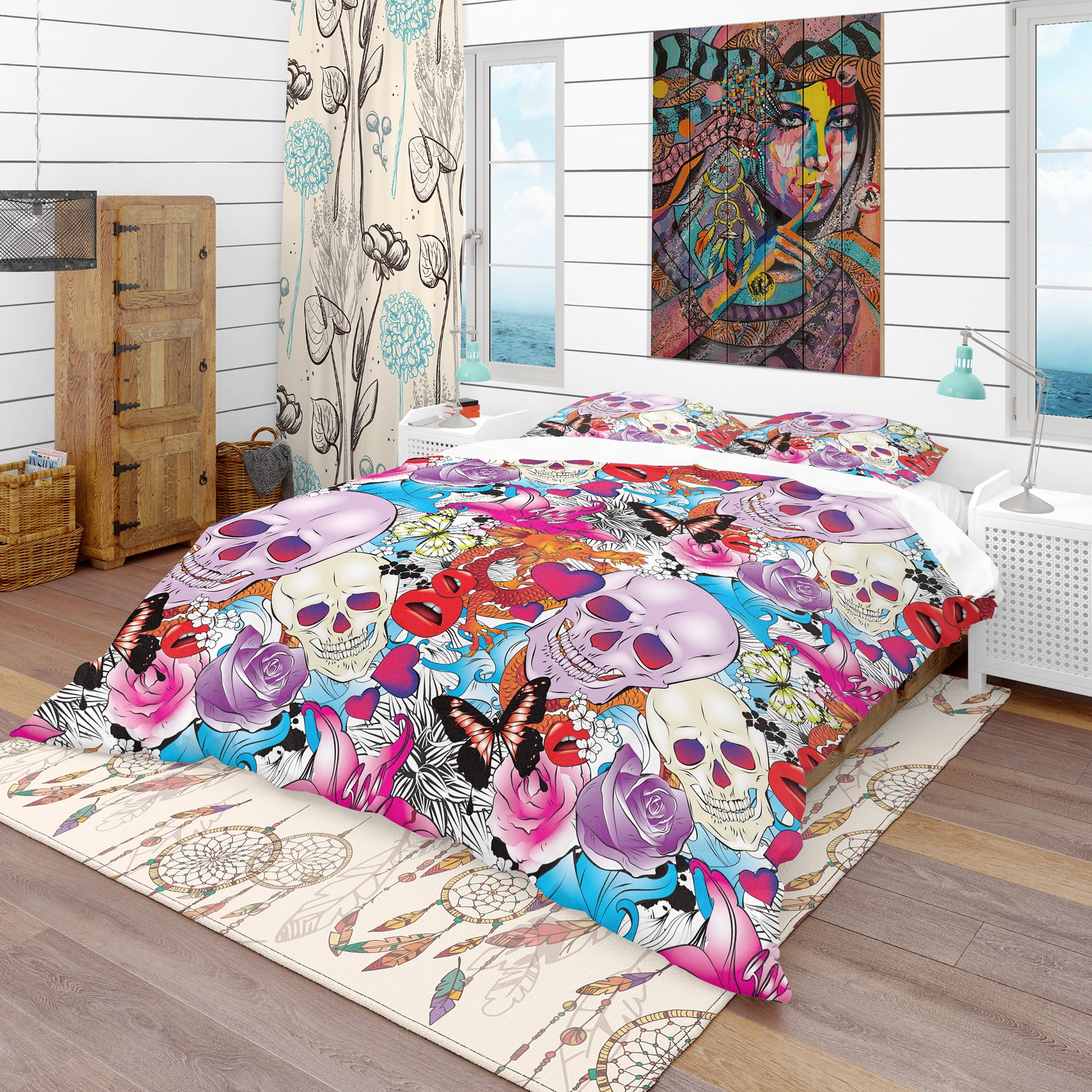 Designart 'Pattern with Hearts, Skulls & Flowers' Bohemian & Eclectic Duvet Cover Set