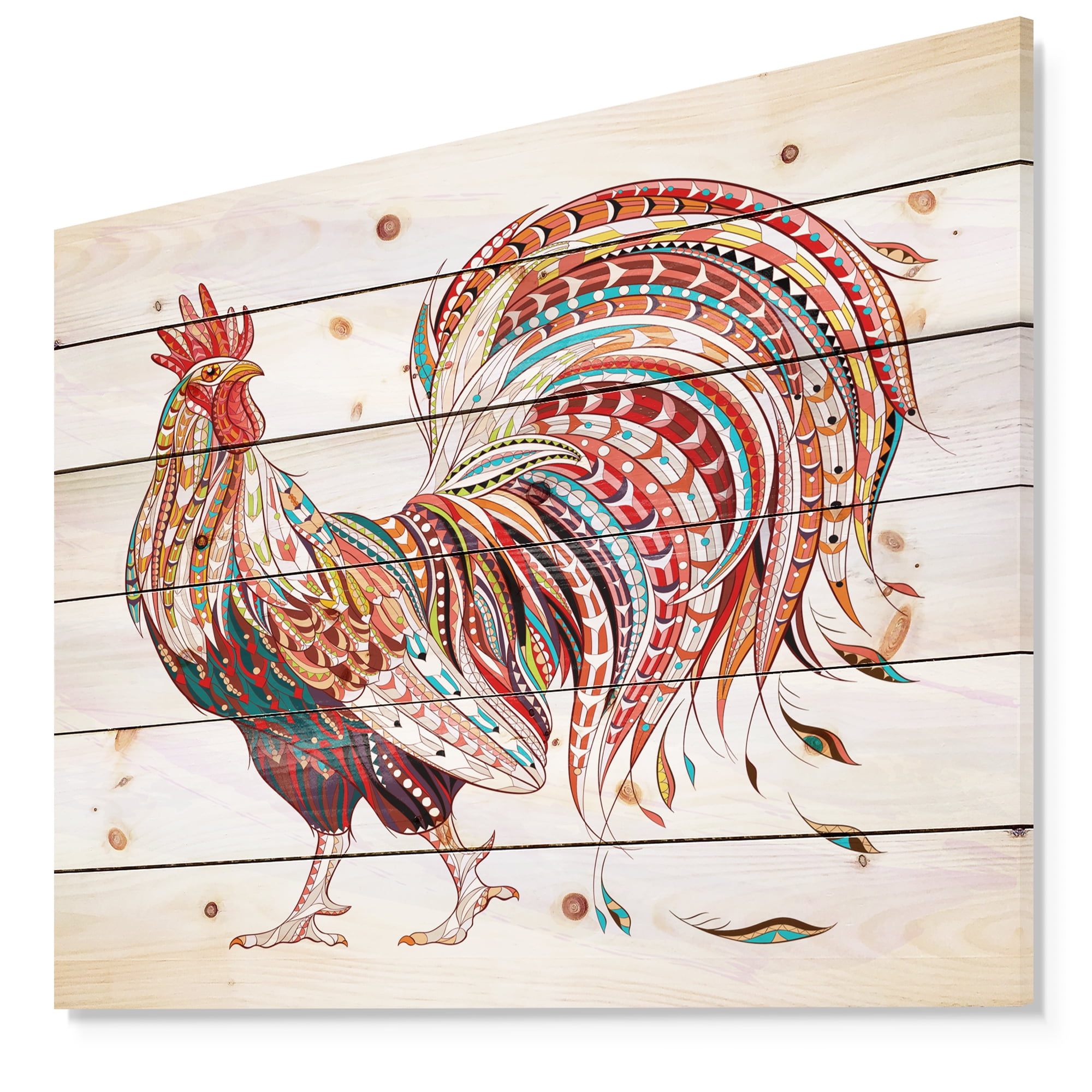 Designart 'Patterned rooster Symbol of chinese new year' Farmhouse Animals of Painting Print on Natural Pine Wood