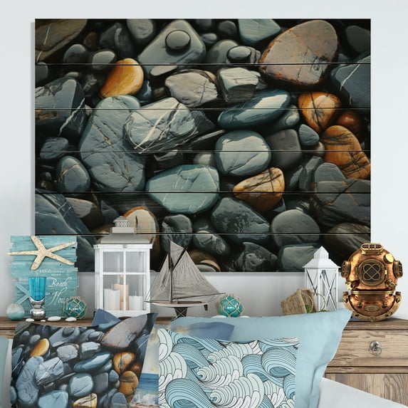 Designart "Patterns on the Rocky Beach II" Nautical & Beach Print on Natural Pine Wood