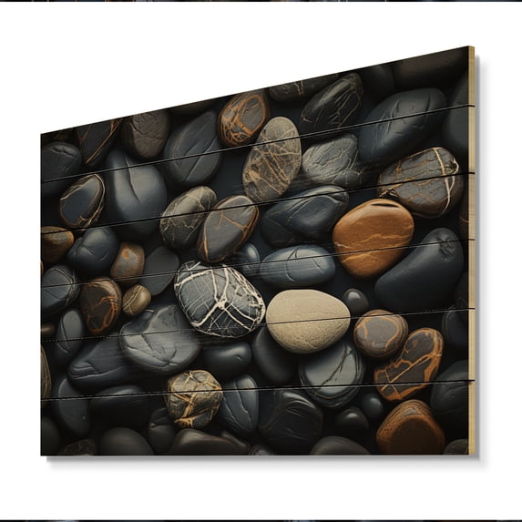Designart "Patterns on the Rocky Beach V" Nautical & Beach Print on Natural Pine Wood