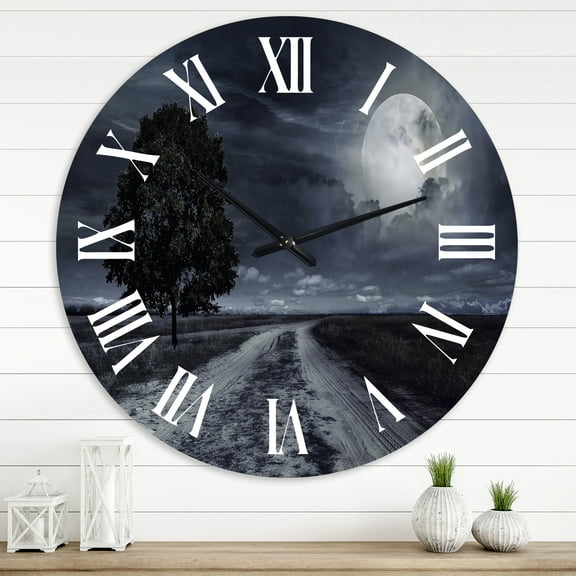 Designart 'Paved Road Under A Full Moon' Nautical & Coastal Wall Clock