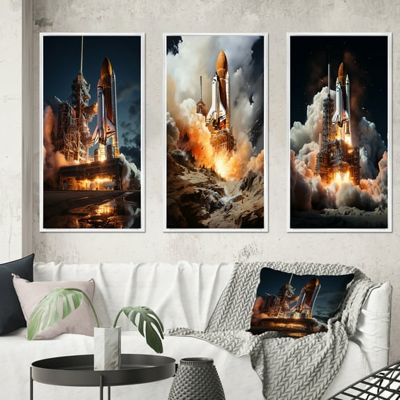 Designart "Payload Deployment in Space Shuttle IV" Space Shuttle Framed Wall Art Set Of 3 - White Space Shuttle Frame Gallery Set For Office Decor