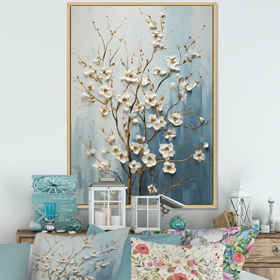 Designart "Peaceful Blue And White Dogwood I" Dogwood Floater Framed Wall Art Prints