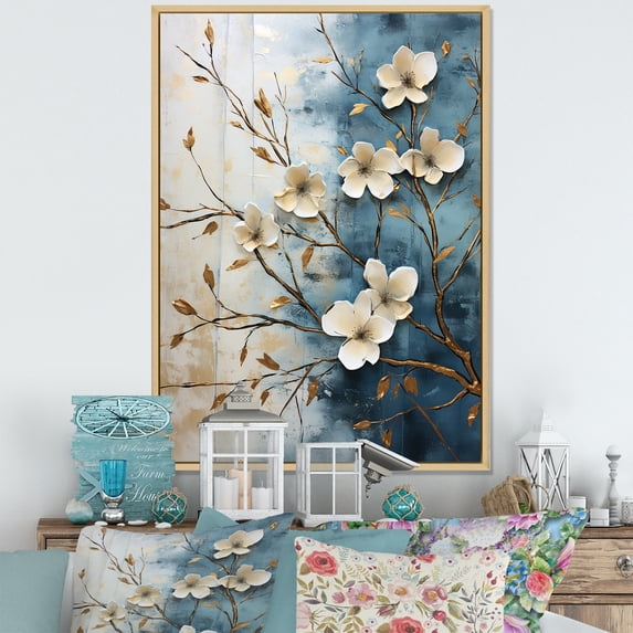 Designart "Peaceful Blue And White Dogwood V" Dogwood Floater Framed Wall Art Prints