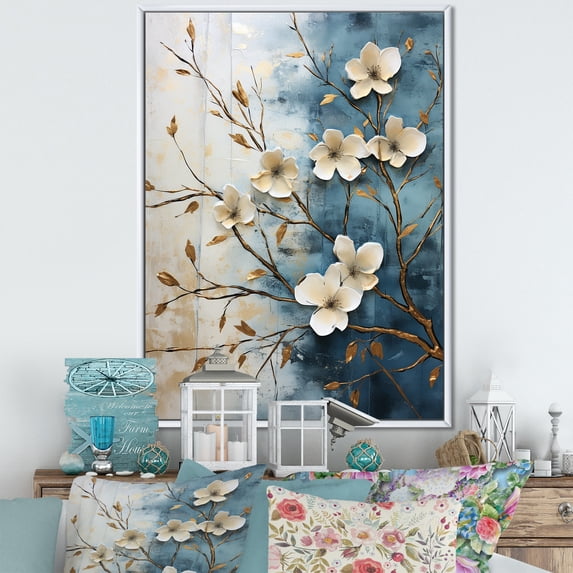 Designart "Peaceful Blue And White Dogwood V" Dogwood Floater Framed Wall Art Prints