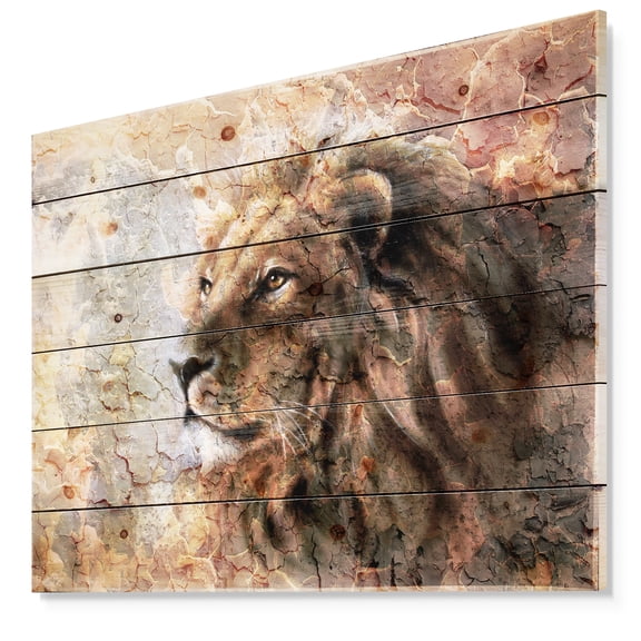 Designart 'Peaceful Lion' Animal Art Print on Natural Pine Wood