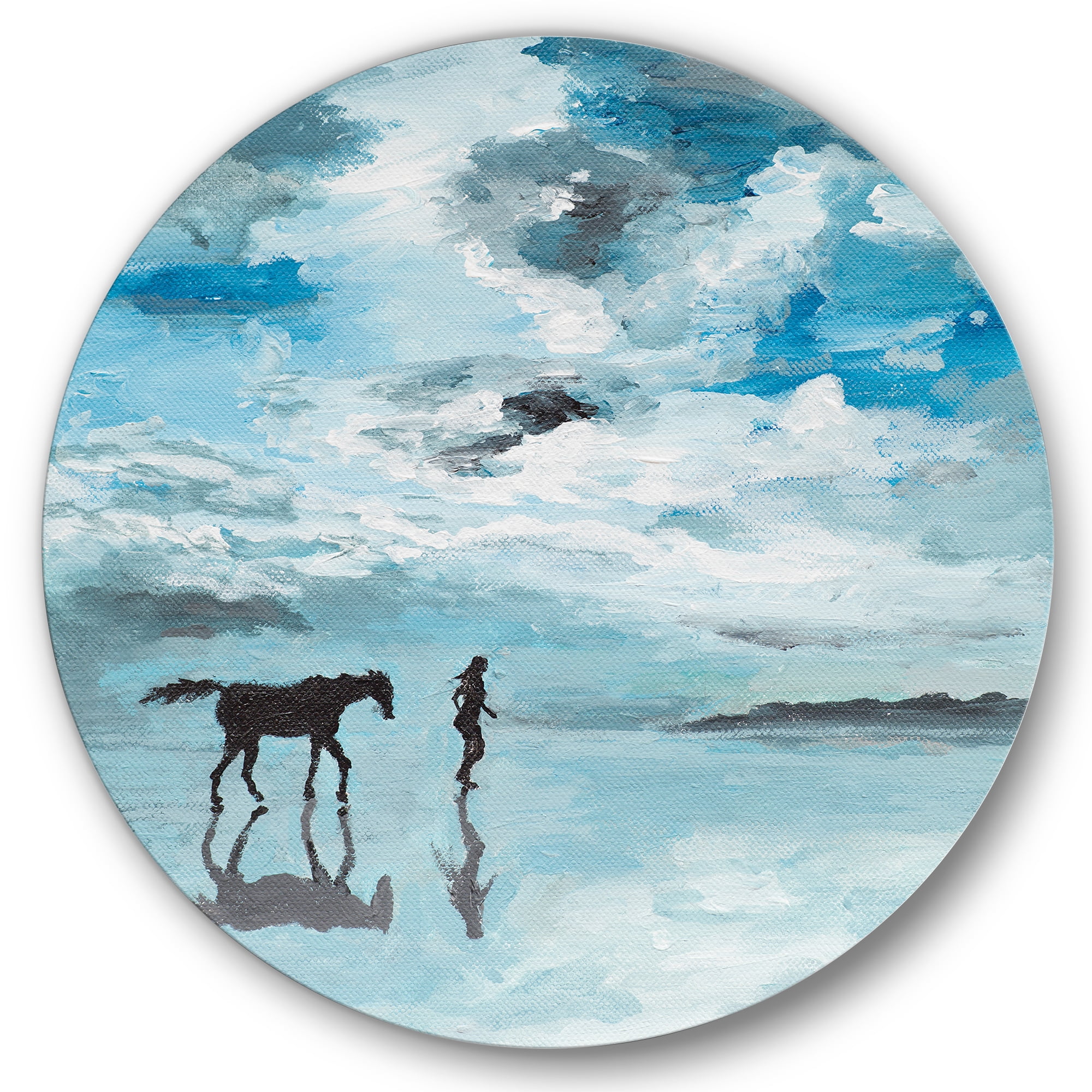 Designart 'Peaceful Scene Of Horse and Man Running By The Water' Farmhouse Circle Metal Wall Art 11x11 - Disc of 11