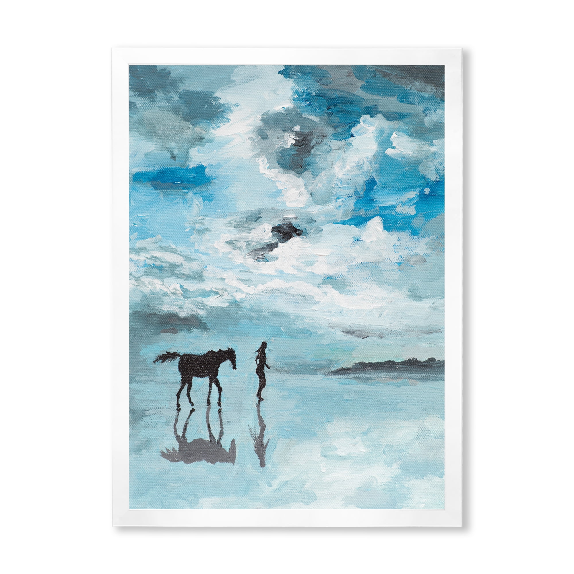 Designart 'Peaceful Scene Of Horse and Man Running By The Water' Farmhouse Framed Art Print