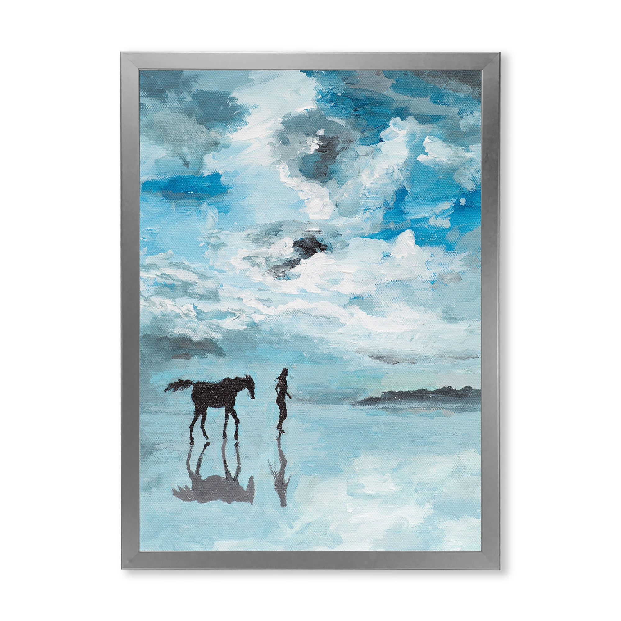 Designart 'Peaceful Scene Of Horse and Man Running By The Water' Farmhouse Framed Art Print
