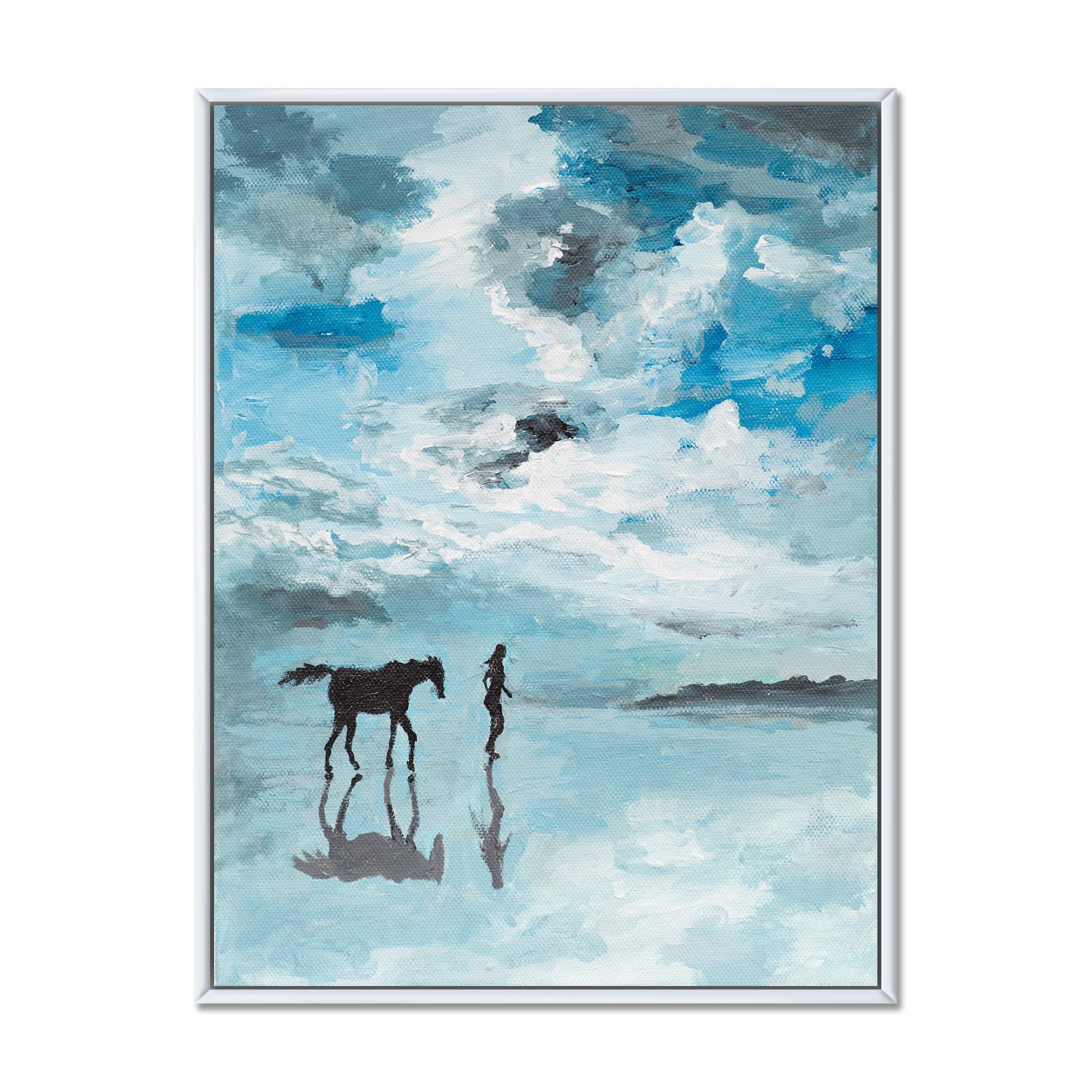 Designart 'Peaceful Scene Of Horse and Man Running By The Water' Farmhouse Framed Canvas Wall Art Print