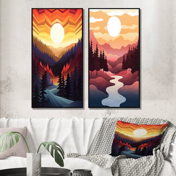 Designart "Peaceful Sunset Mountain Forest Daydreams I" Landscape Mountains Framed Wall Art Set Of 2 - Traditional Yellow Framed Wall Art Set Of 2