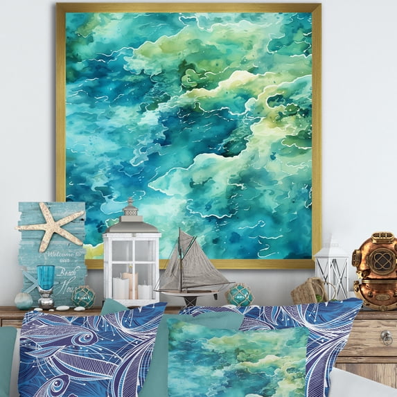Designart "Peaceful Tide Pools in Green II" Coastal Framed Wall Art Decor - Coastal Blue Coastal Minimalism Bedroom Framed Canvas Wall Art