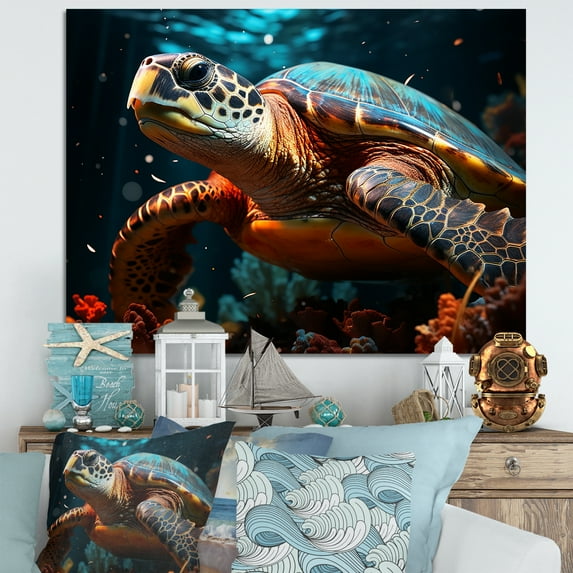 Designart "Peaceful Underwater Turtle Scene II" Animals Turtle Canvas Prints