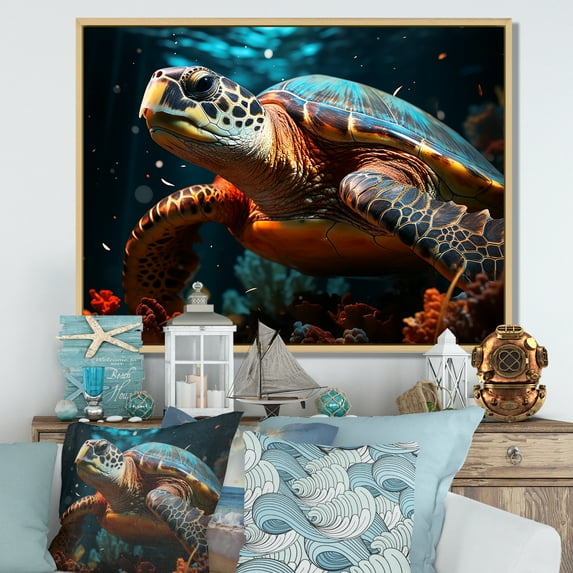 Designart "Peaceful Underwater Turtle Scene II" Animals Turtle Floater Framed Canvas Prints