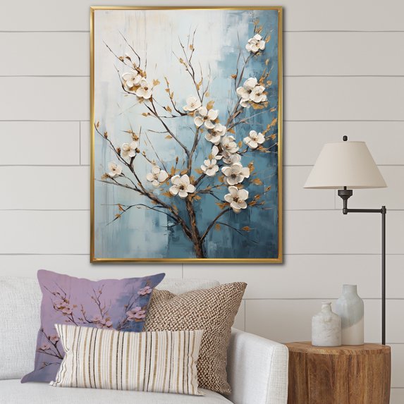 Designart "Peaceful White And Blue Dogwood III" Dogwood Floater Framed Canvas Wall Art