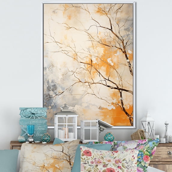 Designart "Peach-Beige Sycamore Melody I" Tree Sycamore Floater Framed Wall Art Living Room