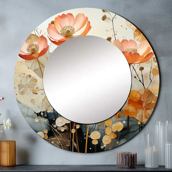 Designart "Peach Blossoming composition II" Abstract Botanicals Rund Mirror For Wall Decor - Large Peach Round Print Mirror - Round Cottage Mirror 23" x 23" Inch - Wall Mounted Round Large Mirror