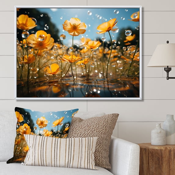 Designart "Peach Buttercups landscape Vibrant II" Floral Floater Framed Canvas Wall Art