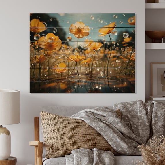 Designart "Peach Buttercups landscape Vibrant II" Floral Print on Natural Pine Wood