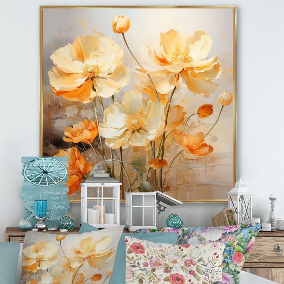 Designart "Peach Buttercups love expression I" Floral Floater Framed Canvas Print