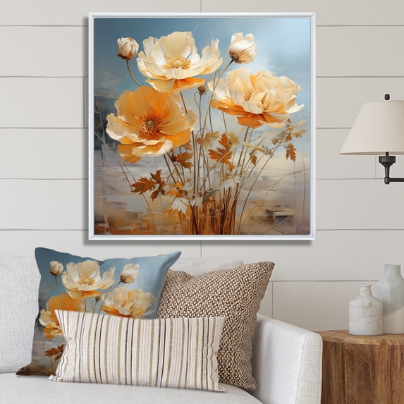 Designart "Peach Buttercups love expression II" Floral Floater Framed Wall Decor