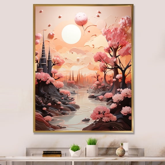 Designart "Peach Castle On The Puffy Skyline" Abstract Landscape Floater Framed Wall Decor