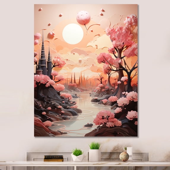 Designart "Peach Castle On The Puffy Skyline" Abstract Landscape Wall Decor