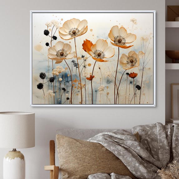 Designart "Peach Cornflowers In Minimalist Style" Cornflowers Floater Framed Wall Art Prints