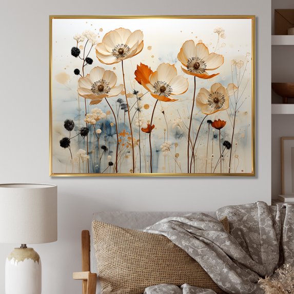 Designart "Peach Cornflowers In Minimalist Style" Cornflowers Floater Framed Wall Art Prints