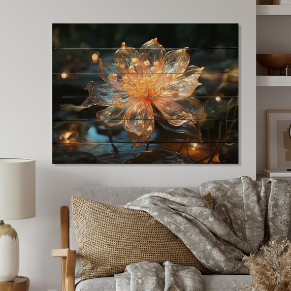 Designart "Peach Crystal Flowers Glistening Petals" Floral Print on Natural Pine Wood