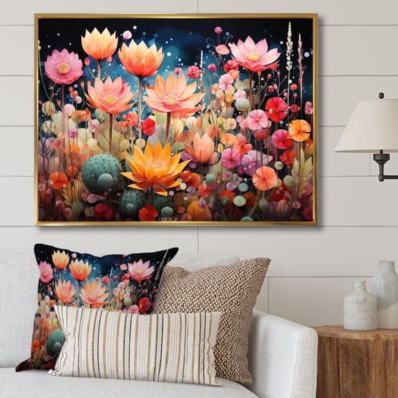 Designart "Peach Green Cactus Representation Colorfuled Acrylic II" Floral Floater Framed Wall Decor