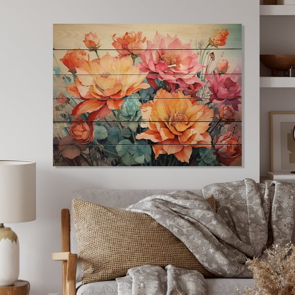 Designart "Peach Green Cactus Representation Colorfuled Acrylic III" Floral Print on Natural Pine Wood