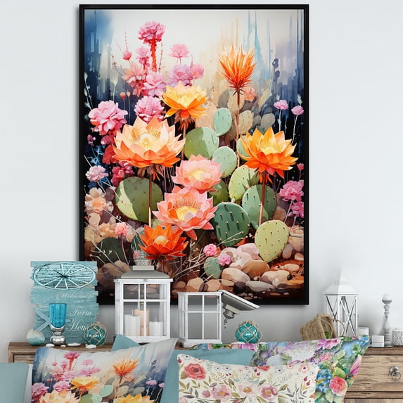Designart "Peach Green Cactus Representation Colorfuled Acrylic V" Floral & Botanical Floater Framed Canvas Wall Art