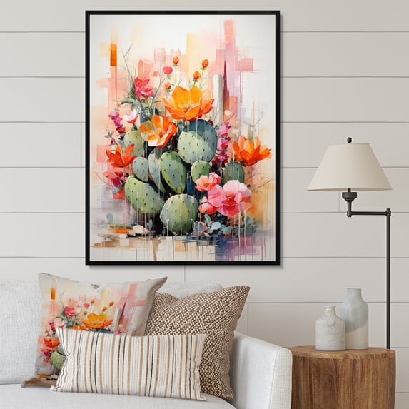 Designart "Peach Green Cactus Representation Colorfuled Acrylic VII" Floral & Botanical Floater Framed Wall Decor