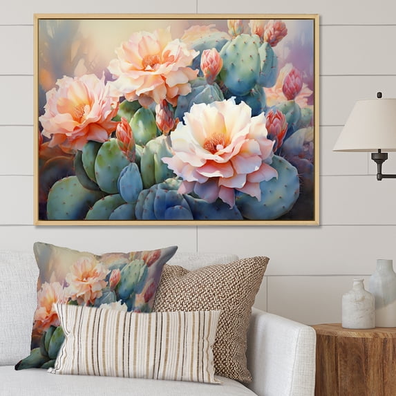 Designart "Peach Green Cactus love expression" Floral Floater Framed Wall Art Print